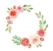 Floral wreath of red roses and leaves, watercolor vector