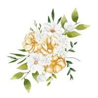 composición de flores beige y blancas con hojas verdes. acuarela vector