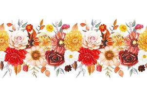 Seamless border with autumn flowers and leaves, watercolor vector
