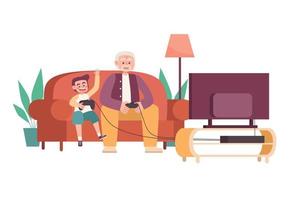 Elderly man playing video game with a boy vector