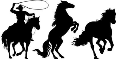 a set of vector silhouettes of horses and people riding them, isolated on a white background.