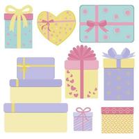 A set of vector colored gift boxes in the flat style on a white background.