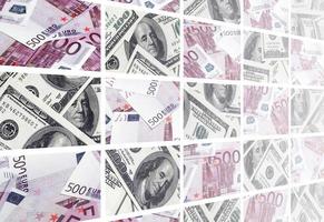 A collage of many images of euro banknotes in denominations of 100 and 500 euros lying in the heap photo