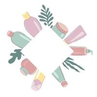 Beauty products square frame. Cosmetic bottles and tubes arranged in rectangle shape. Hand drawn vector illustration