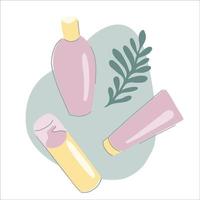 Beauty products arrangement. Flatlay with cosmetic bottles and tubes. Hand drawn vector illustration