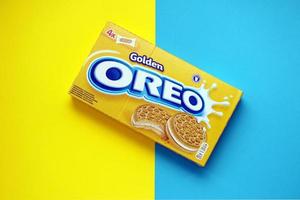 TERNOPIL, UKRAINE - MAY 28, 2022 Oreo golden crispy cookie box. The brand Oreo is owned by company Mondelez international photo