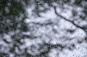 una foto de gotas de lluvia en el cristal de la ventana con una vista borrosa de los árboles verdes florecientes. imagen abstracta que muestra las condiciones meteorológicas nubladas y lluviosas