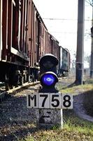 Railroad sign with the railway background photo