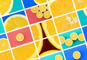 A collage of many pictures with juicy oranges. Set of images with fruits and different colors photo