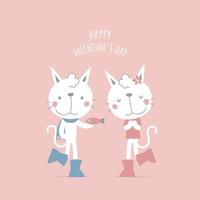 linda y encantadora pareja gato blanco con pescado, feliz día de san valentín, concepto de amor, diseño de vestuario de personaje de dibujos animados de ilustración vectorial plana vector