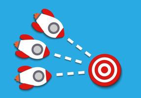 Red three rockets targeting to hit center dartboard. Arrow dart aim goal on bullseye in target. Business success, investment goal, opportunity challenge, aim strategy, achievement focus concept. vector