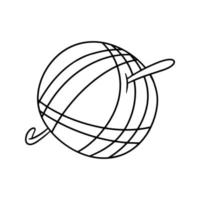 Monochrome image, a ball of knitting thread with a metal hook, vector illustration in cartoon style on a ball background