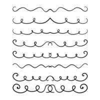 A collection of symmetrical vector dividers with small curlicues, hand-drawn with a black line, isolated borders for a design template