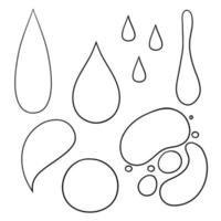 Monochrome set of various water drops in cartoon style, drops and splashes of water of different shapes, vector illustration on a white background