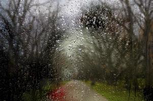 ventana lluviosa, gotas de lluvia otoñales en el vidrio contra el telón de fondo de una naturaleza aburrida con árboles y un sendero. foto