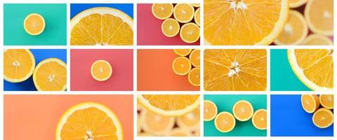 A collage of many pictures with juicy oranges. Set of images with fruits and different colors photo