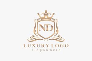 Initial ND Letter Royal Luxury Logo template in vector art for Restaurant, Royalty, Boutique, Cafe, Hotel, Heraldic, Jewelry, Fashion and other vector illustration.