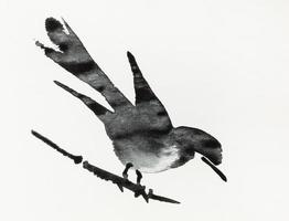 bird on twig of reed hand-drawn by black ink photo