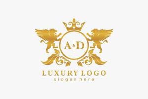 Initial AD Letter Lion Royal Luxury Logo template in vector art for Restaurant, Royalty, Boutique, Cafe, Hotel, Heraldic, Jewelry, Fashion and other vector illustration.