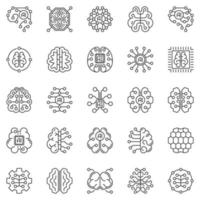 AI Digital Brain line icons set - vector Artificial Intelligence symbols