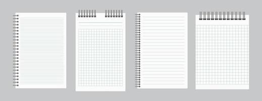 blocs de notas con papel rayado y cuadriculado vacío con espiral de hierro aglutinante. juego de cuatro hojas de cuadernos. ilustración vectorial vector