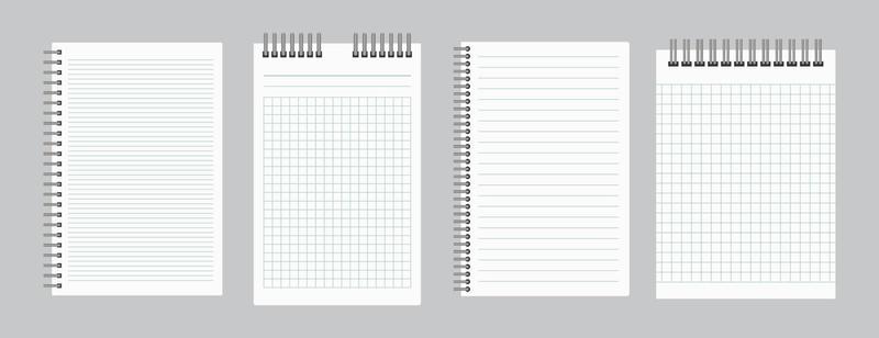 Notepads with empty lined and checkered paper with binder iron spiral. Set of four notebooks sheets. Vector illustration