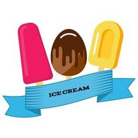 Three different ice cream wrapped in blue ribbon with the inscription ice cream. Vector illustration