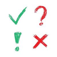 Hand drawn check, cross, question mark and exclamation mark symbols. Set of four green and red sketch symbols. Vector illustration