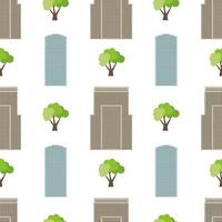 Seamless city background with modern houses and green trees. Vector illustration