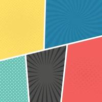 Colorful comic book page background in pop art style. Empty template with rays and dots pattern. Vector illustration