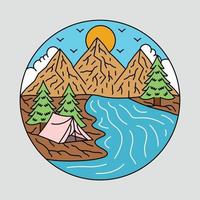 acampar con buena vista de la montaña y el río ilustración gráfica arte vectorial diseño de camiseta vector