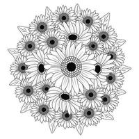 girasoles dibujando vector de arte lineal de flor colorante antiestrés en blanco y negro para adultos