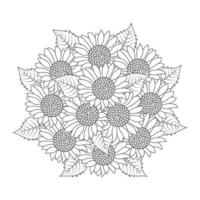 página para colorear de contorno de vector de girasol de pétalo floreciente y hojas ilustración de flor