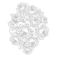 red rose flower bouquet outline vector art with roses leaves for adult coloring page