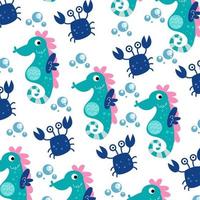 Seamless pattern with cute crabs and seahorses perfect for wrapping paper vector