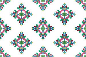 diseño de decoración de patrones sin fisuras étnicos ikat. alfombra de tela azteca boho mandalas decoración textil papel tapiz. adornos de flores con motivos nativos tribales bordado tradicional vector fondo ilustrado