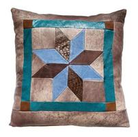 top view of handmade leather throw pillow isolated photo