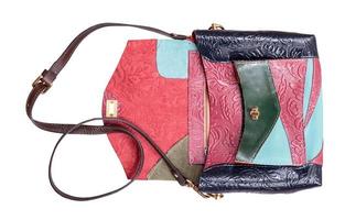 open patchwork embossed leather handbag isolated photo