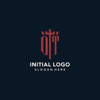 OT initial monogram logos with sword and shield shape design vector
