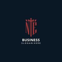 NE initial monogram logos with sword and shield shape design vector