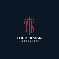 TK initial monogram logos with sword and shield shape design vector