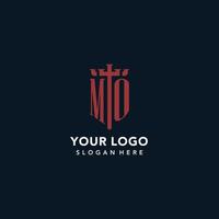 MO initial monogram logos with sword and shield shape design vector