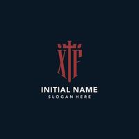 XF initial monogram logos with sword and shield shape design vector