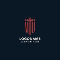 logotipos de monograma inicial mu con diseño de forma de espada y escudo vector