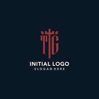 TG initial monogram logos with sword and shield shape design vector