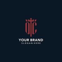 OC initial monogram logos with sword and shield shape design vector