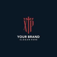 XP initial monogram logos with sword and shield shape design vector