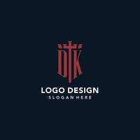 DK initial monogram logos with sword and shield shape design vector