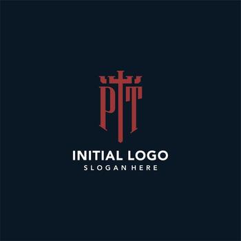 PT initial monogram logos with sword and shield shape design vector