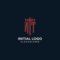 WT initial monogram logos with sword and shield shape design vector